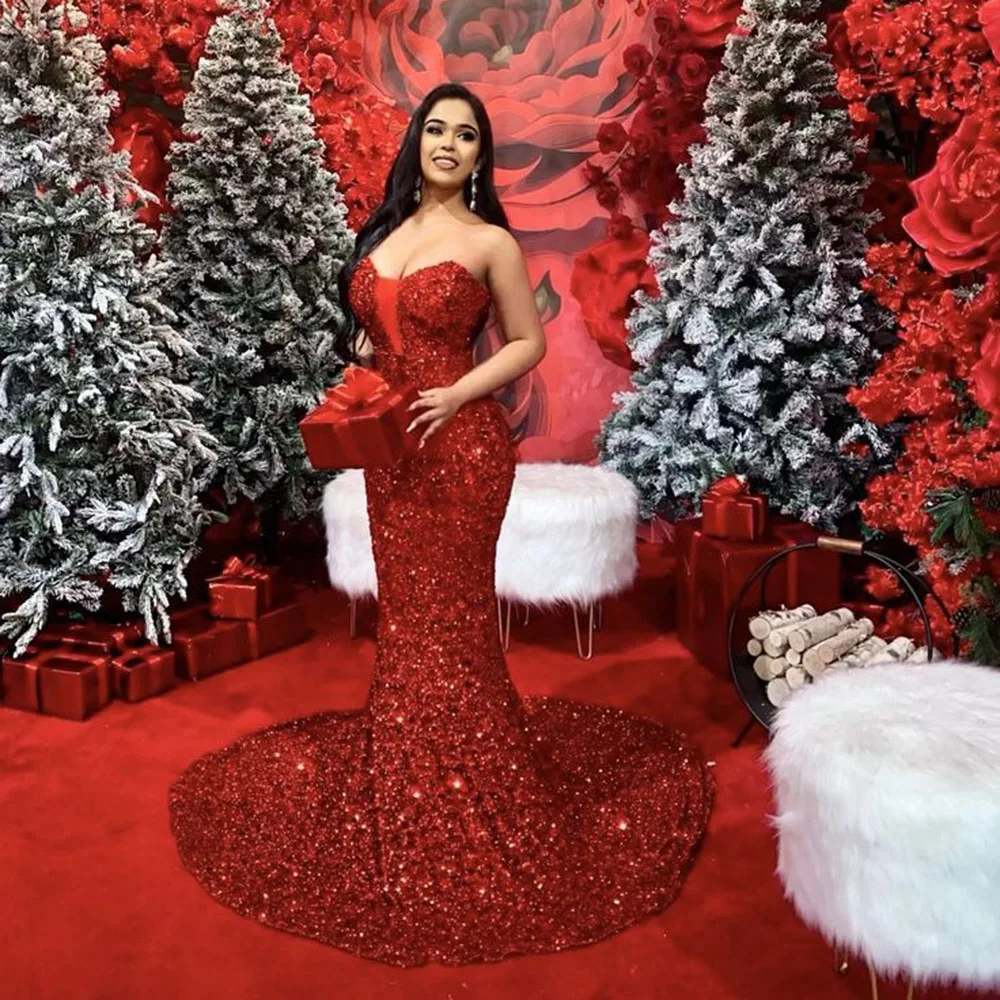 Alta qualidade vermelho feminino vestidos de festa de natal querida sem mangas até o chão trompete brilhante lantejoulas feminino vestidos de baile de noite