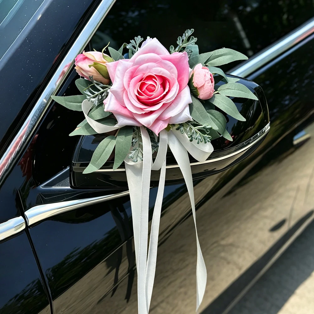 Weiße Rosen Rustikale Hochzeitsauto-Dekoration, Mit Künstlichen Eukalyptusblättern und Elfenbeinfarbenem Satinband, für Hochzeitsstuhl-Dekoration – Detail 10