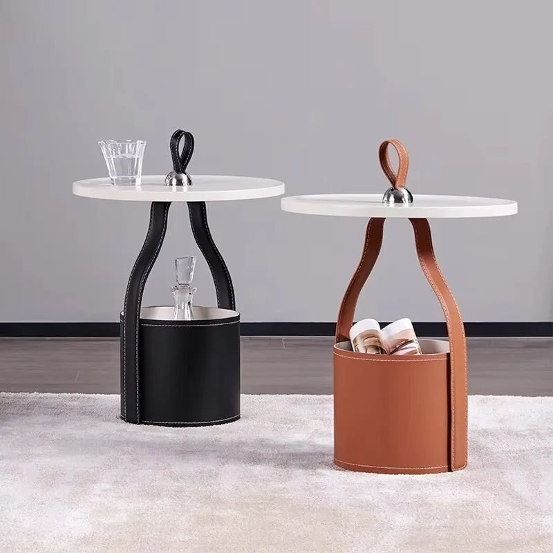 Italian Saddle Leather Corner Storage Shelf Creative Orange Italian Minimalist Designer Style Round Coffee Table