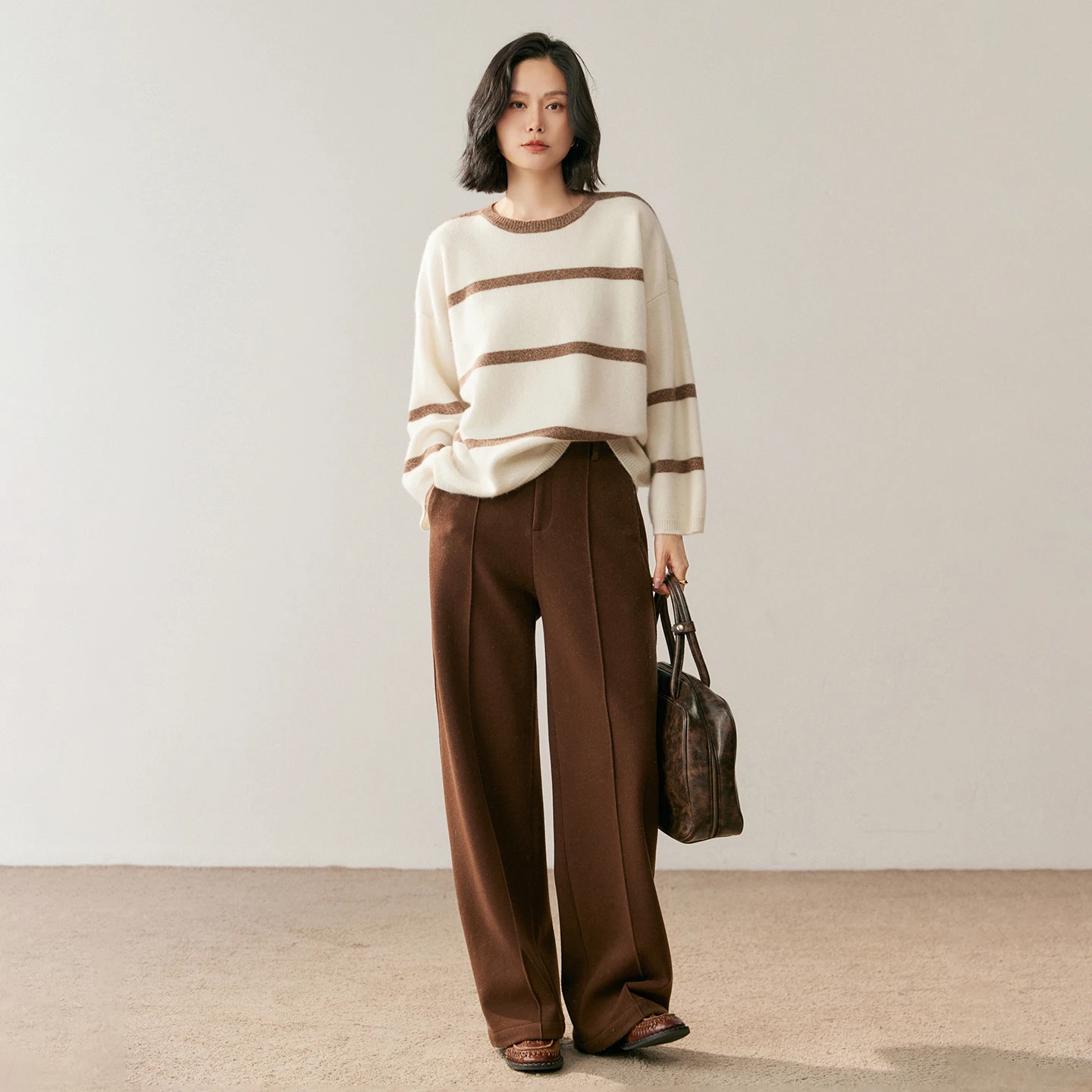 Women O-neck Striped Pullover 100% Cashmere Sweater Casual Loose Knitwear Jumper Autumn Winter One Size Bust 130cm Cashmere Top