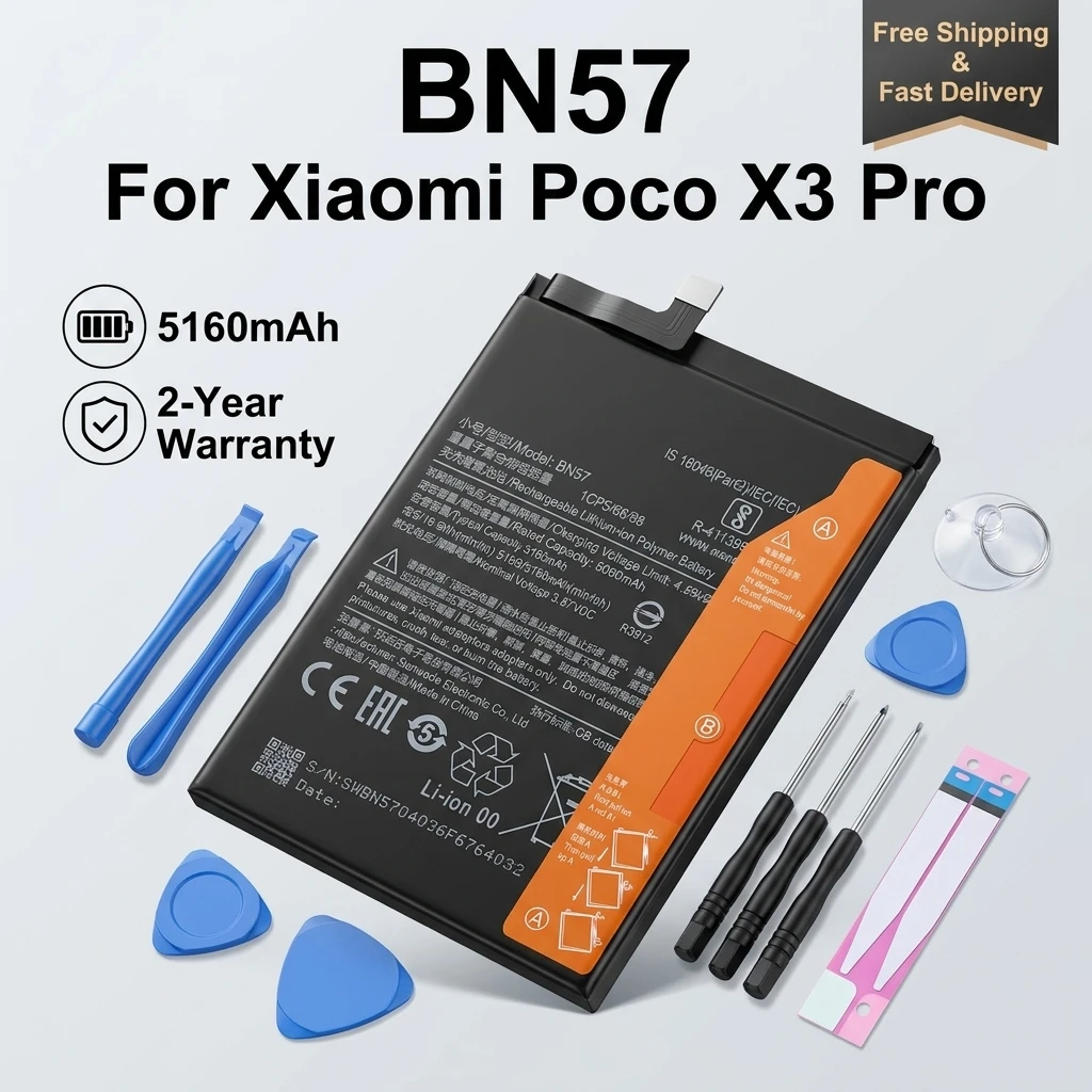 

For Xiaomi Poco X3 Pro BN57 Replacement Battery 5160mAh High Capacity Lithium Phone Battery +Tools