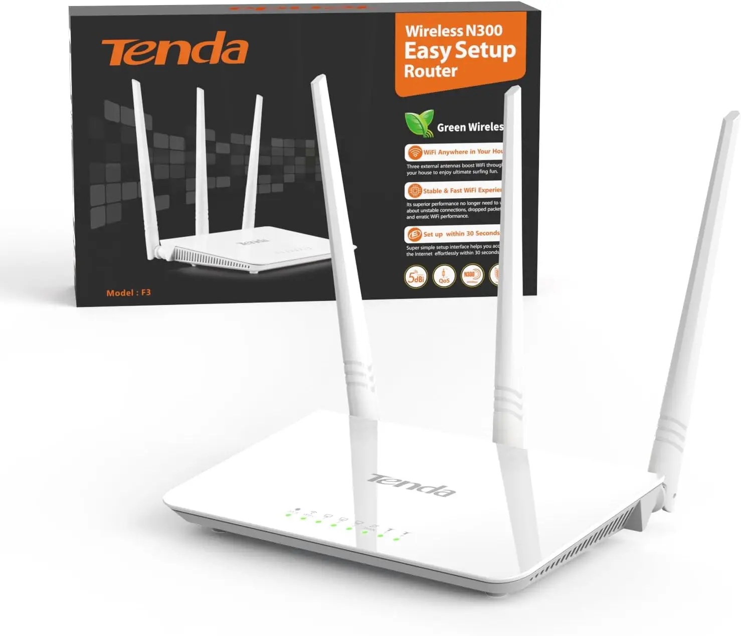

Tenda F3 WLAN Router N300 For Connection to Cable/DSL Fibre Modem 3x5dBi External Antennas 2.4GHz 300Mpbs Mini Home Wifi Routers