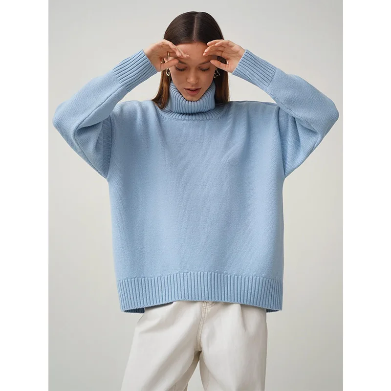 High neck sweater for women 2024 and American autumn and winter loose sweater, classic and versatile solid color pullov