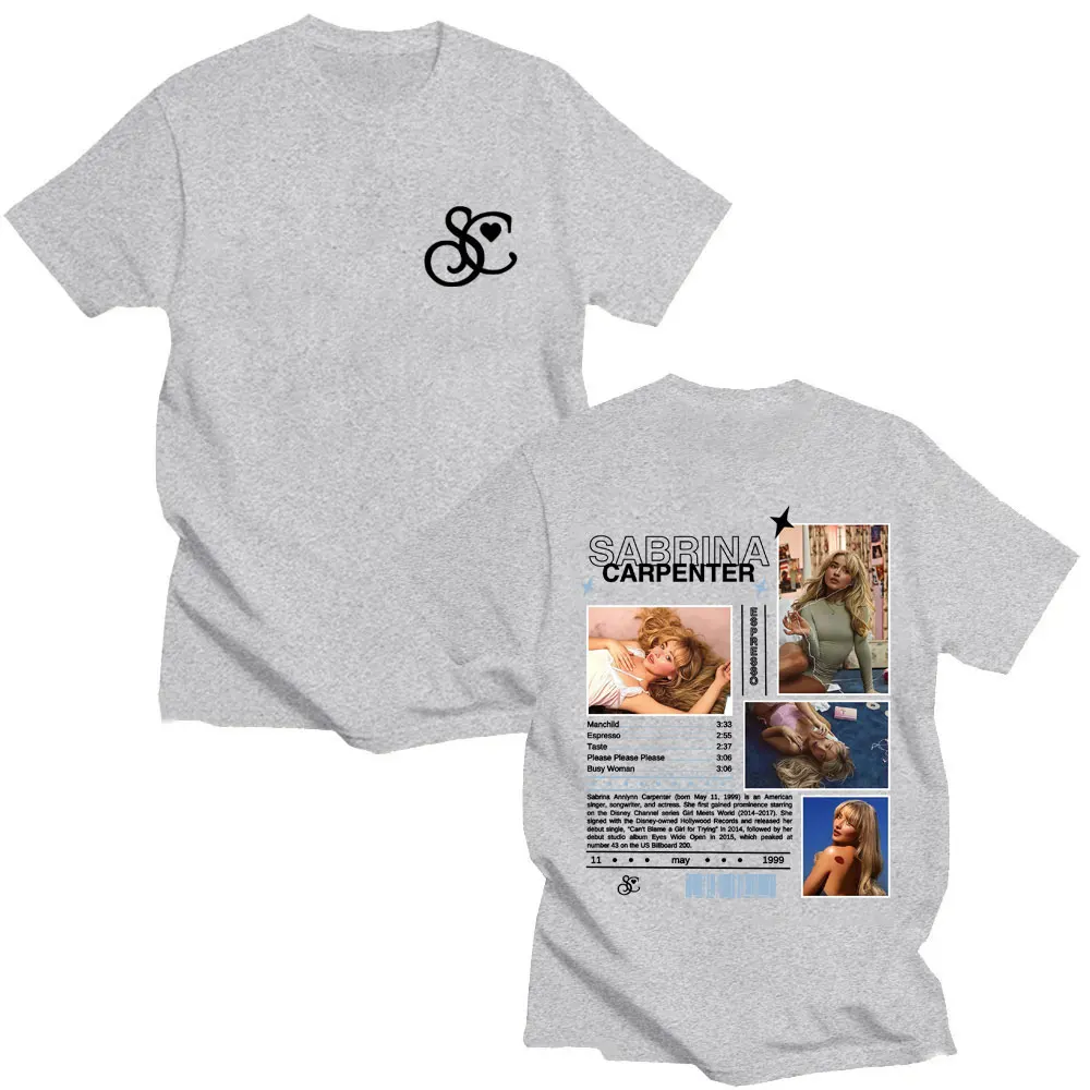 المغني سابرينا نجار غلاف ألبوم الموسيقى تي شيرت الرجال النساء عادية القطن المتضخم تي شيرت للجنسين موضة البوب الموسيقى تي شيرت