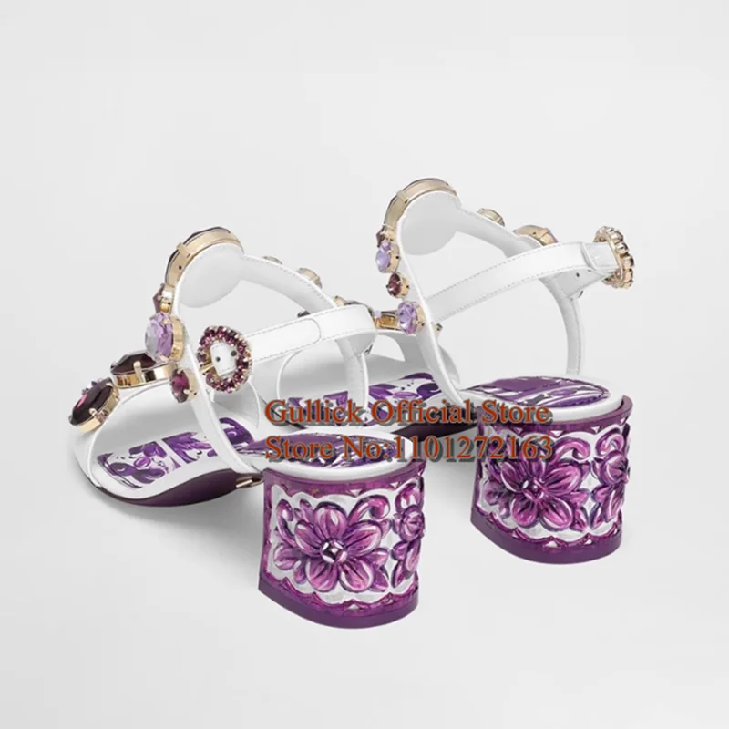 Bohemia Style Rhinestone Gem Chunky Heels Sandals Purple Leather Ankle Strap 10cm Crystal Female Summer Dress Shoes