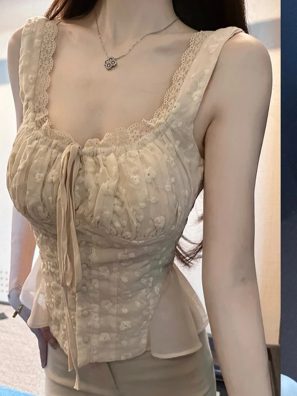 

Sexy Lace Trim Belted Square Collar Buttonl Vest ow Body ape Top Summer ort Svel Sweet Internet Famous Women's...