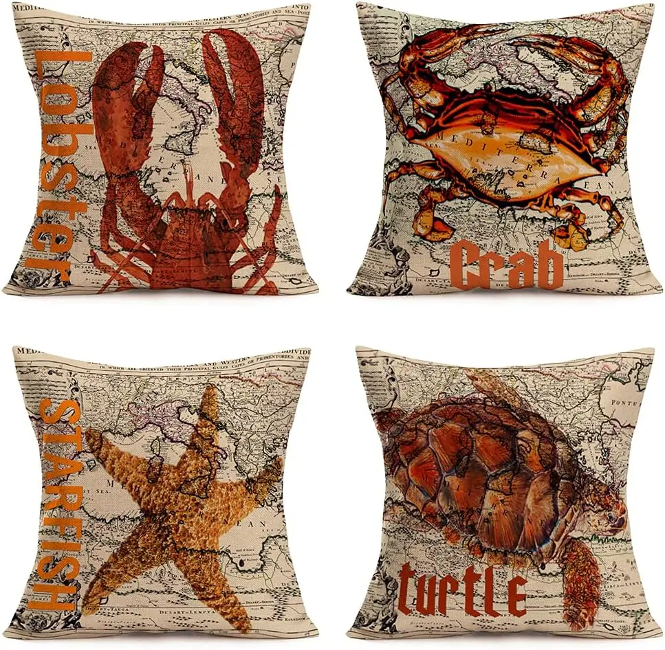 Marine Coastal Navigation Pillow Cover Geographic Marine Animal Turtle Pillowcase Linen Square Family Sofa Cushion Cover