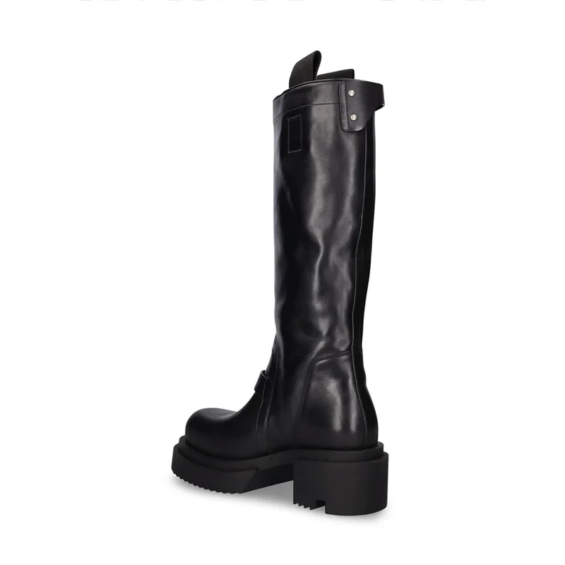 2025 New Trend Platform Women Boots Round Toe Sleeve Metal Buckle Middle Heel Motorcycle Boots Metal Decoration Female Shoes