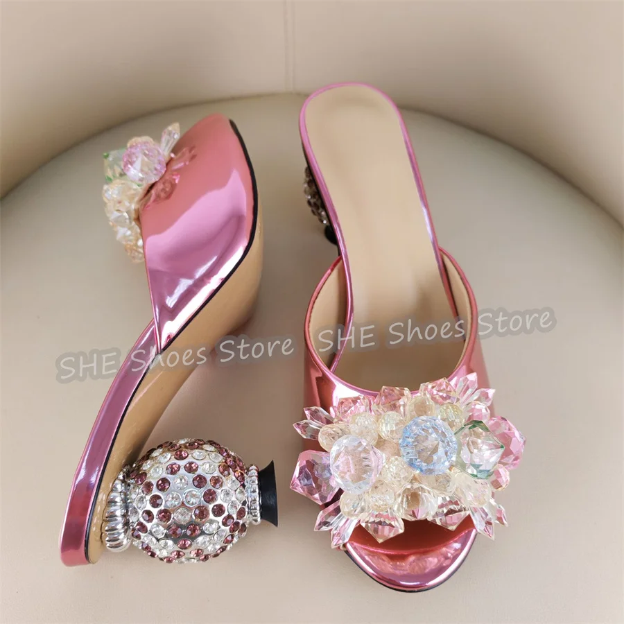 Ball Design Rhinestone Heel Women Peep Toe Mules Bling Crystal Flower Decor High Heel Pumps Summer Shallow Party Dress Slippers
