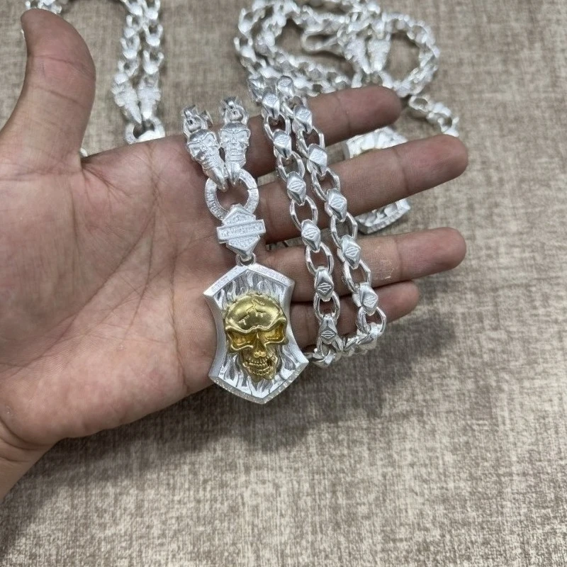 Vintage Silver Plated Skull Shield Pendant Necklace, Gold & Silver, Hip-hop Biker Unisex Sweater Chain Street Jewelry