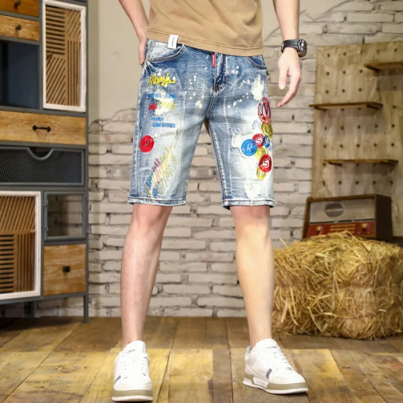 High-End Embroidery Scratch Patch Denim Shorts Men's Summer Slim Fit Stretch Personality Printed Casual Retro Shorts