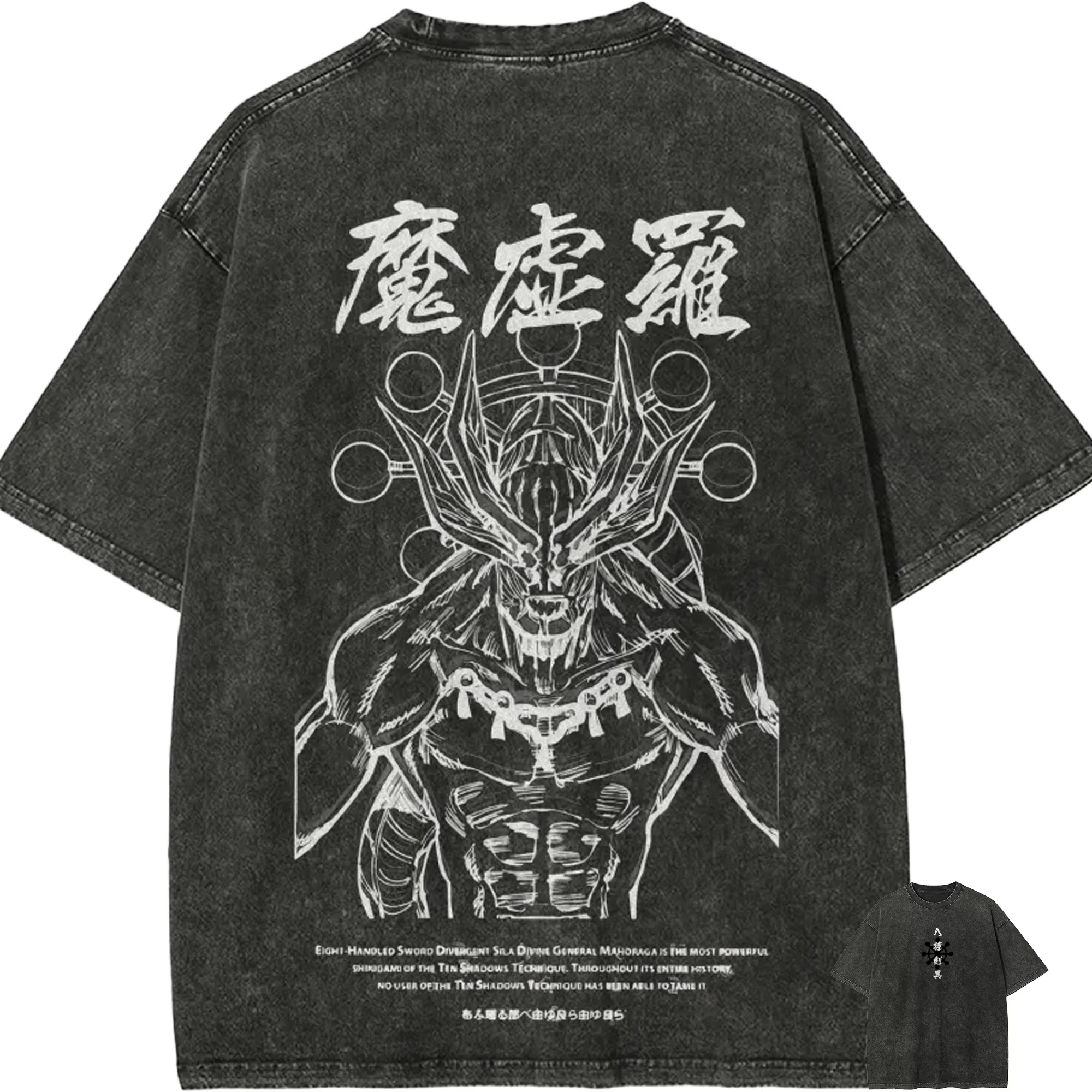 2026 Mahoraga T-Shirt für Herren Jujutsu Kaisen Shikigami Vintage Acid Wash Streetwear Retro Japanische Anime Grafik Baumwoll-T-Shirts Sommer