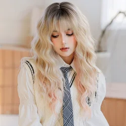 NAMM High Density Synthetic Ombre Blonde Wig for Women Costume Wig Fashion Long Body Wavy Pink and Blonde Wigs with Bangs