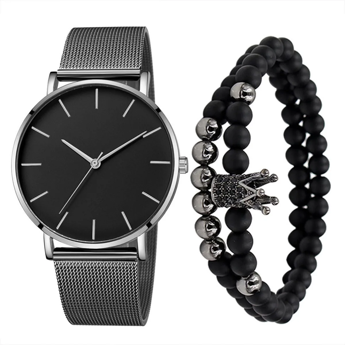 2 шт. простые деловые мужские кварцевые часы с круглым ремнем и набором браслетов с короной и бусинами