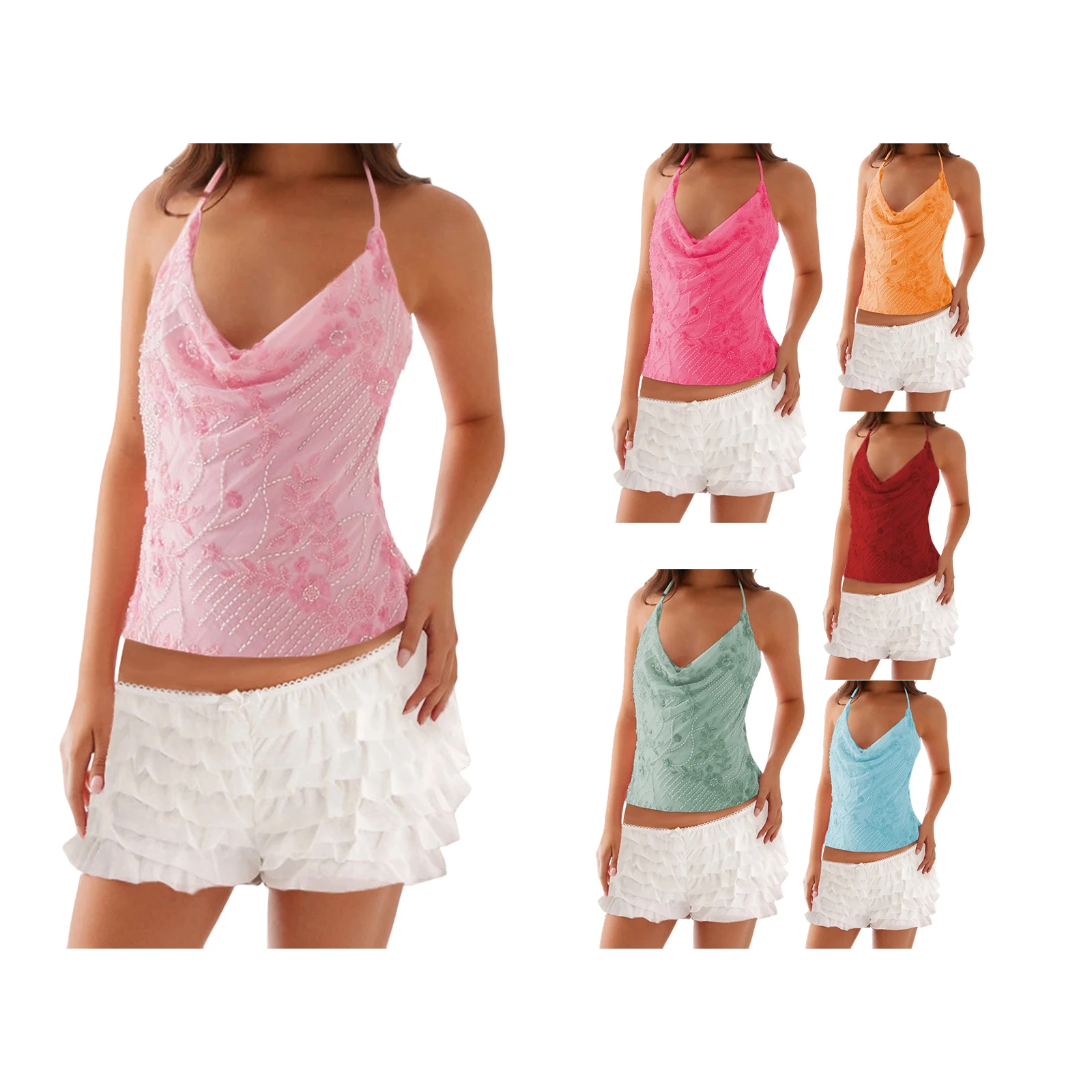 

Women Bling Beading Sleeveless Halter Tops Summer Floral Sequin Embroidery Backless Shirts Vest for Streetwear Aesthetic Clothes