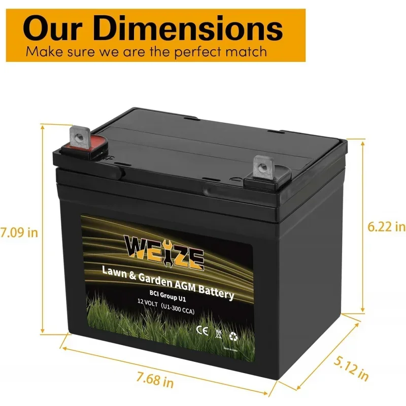 Garden AGM Battery, 12V 300CCA BCI Group U1 SLA Starting Battery Lawn, Tractors and Mowers, Compatible with, Toro