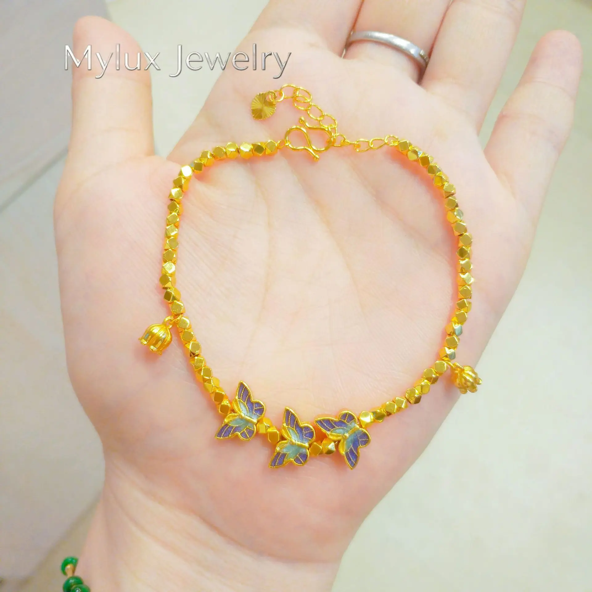 Mylux Jewelry 24K enamel craft flying flower butterfly blue bracelet new 9999 silver two bracelet women's versatile hand jewelry