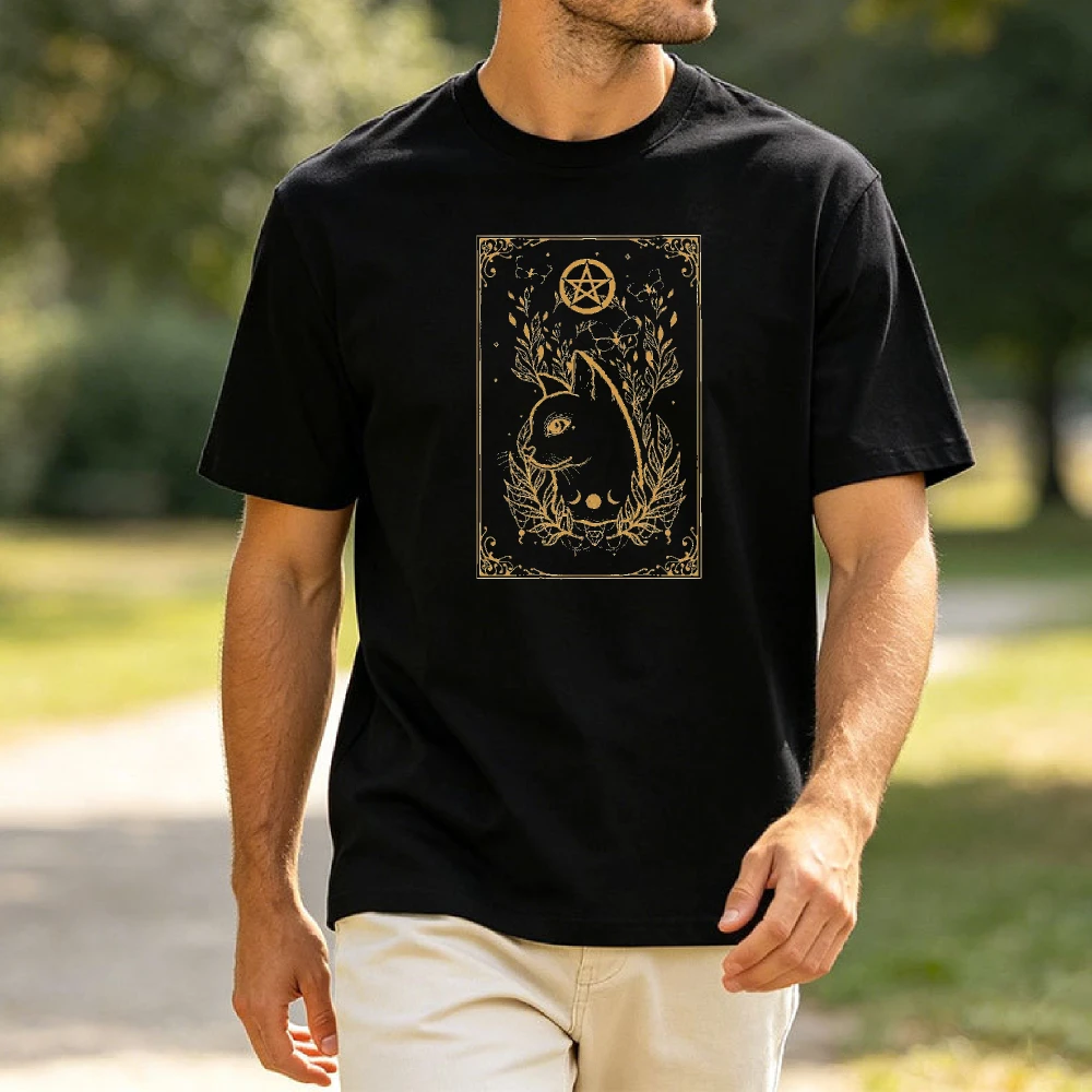 Golden Tarot Cat Pentagram Moon Floral Summer Men Cotton T-Shirt Occult Witchy Vintage Graphic Short Sleeve Attire