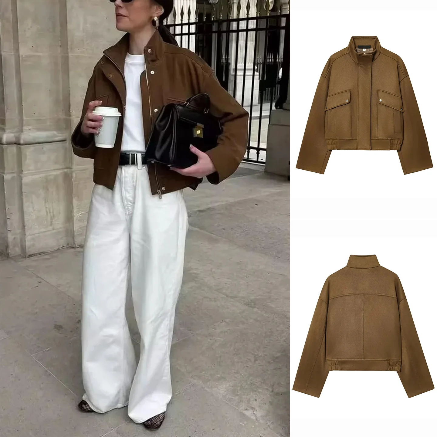 

Retro American Sle Women's Jaet Loose Long Sve Stand Collar ort Length Faux Suede Outerwear Autumn New Arrival