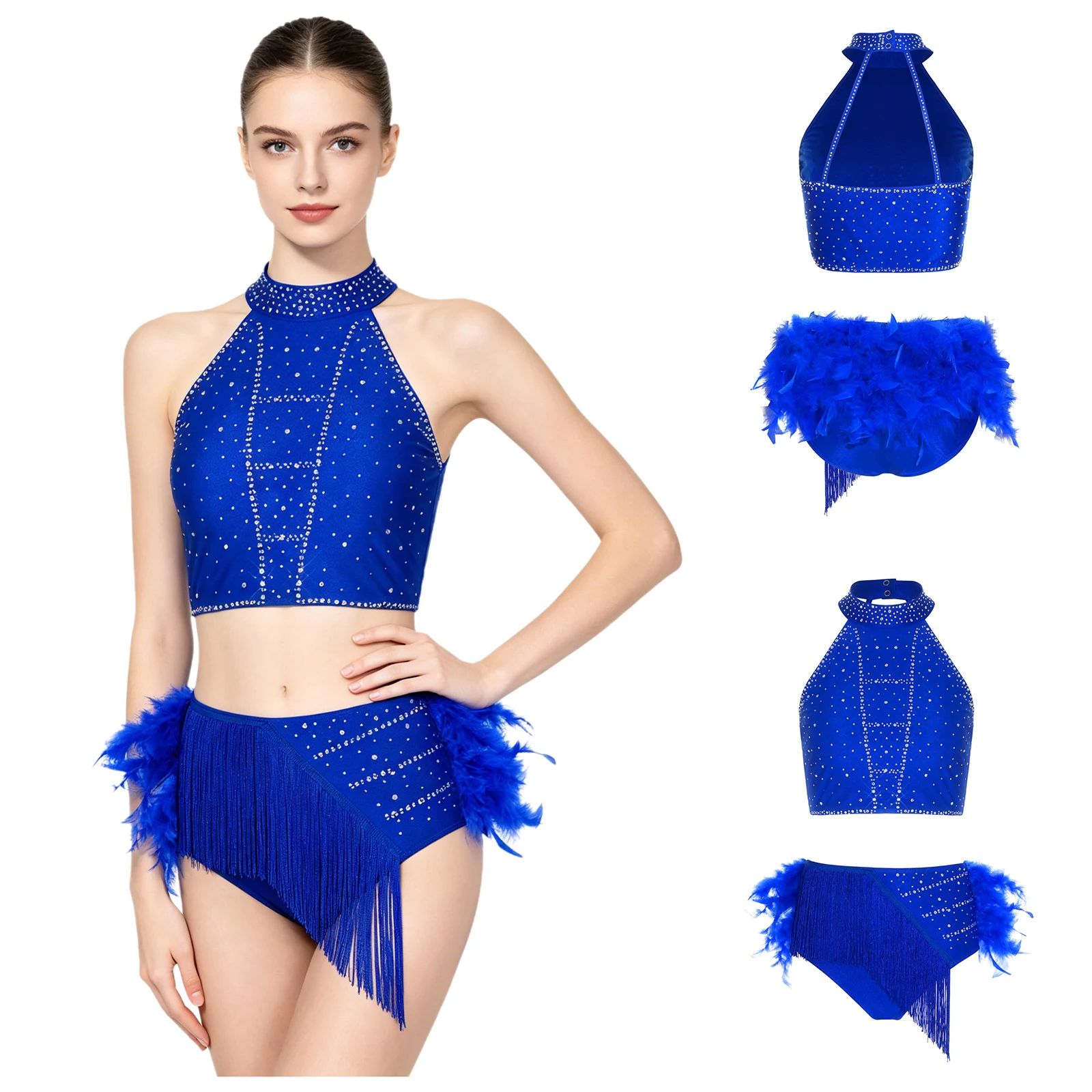 Women Rhinestones Latin Dance Crop Tank Top with Tassel Feather Briefs Figure Skating Cha-cha Samba Rumba Tango Salsa Dancewear