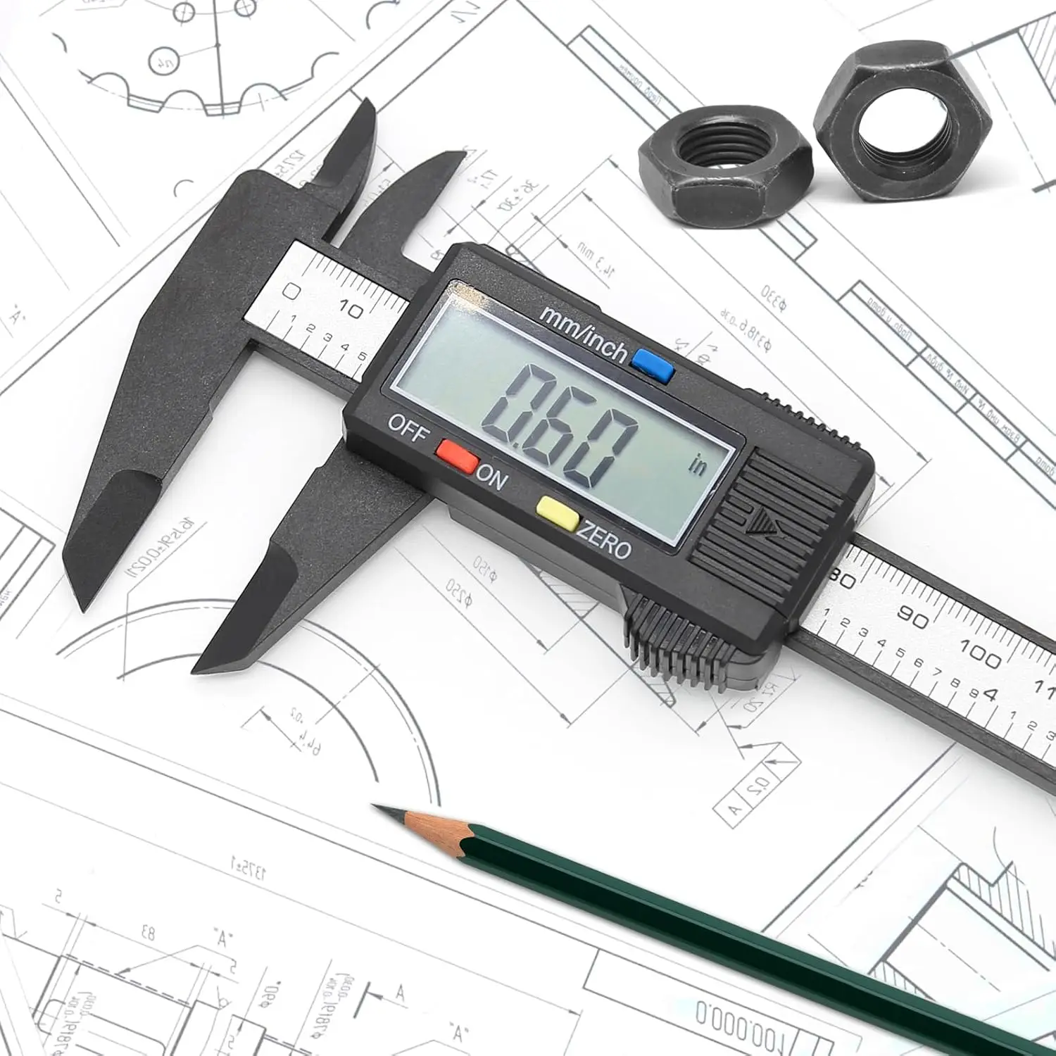 Electronic Digital Caliper, Plastic Vernier Caliper, Caliper Measuring Tool with Inch/Millimeter Conversion,