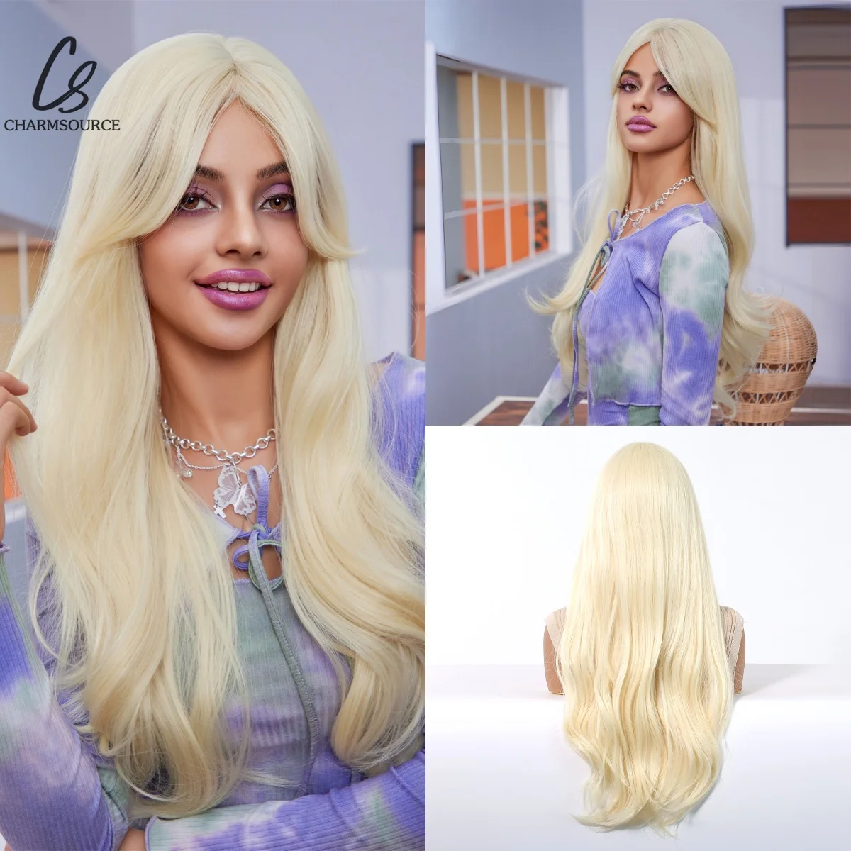 

CharmSource Long Wavy Wigs Blonde Synthetic Hair Wig Women Girl Daily Party Cosplay Use Natural Heat Resistant Fibers