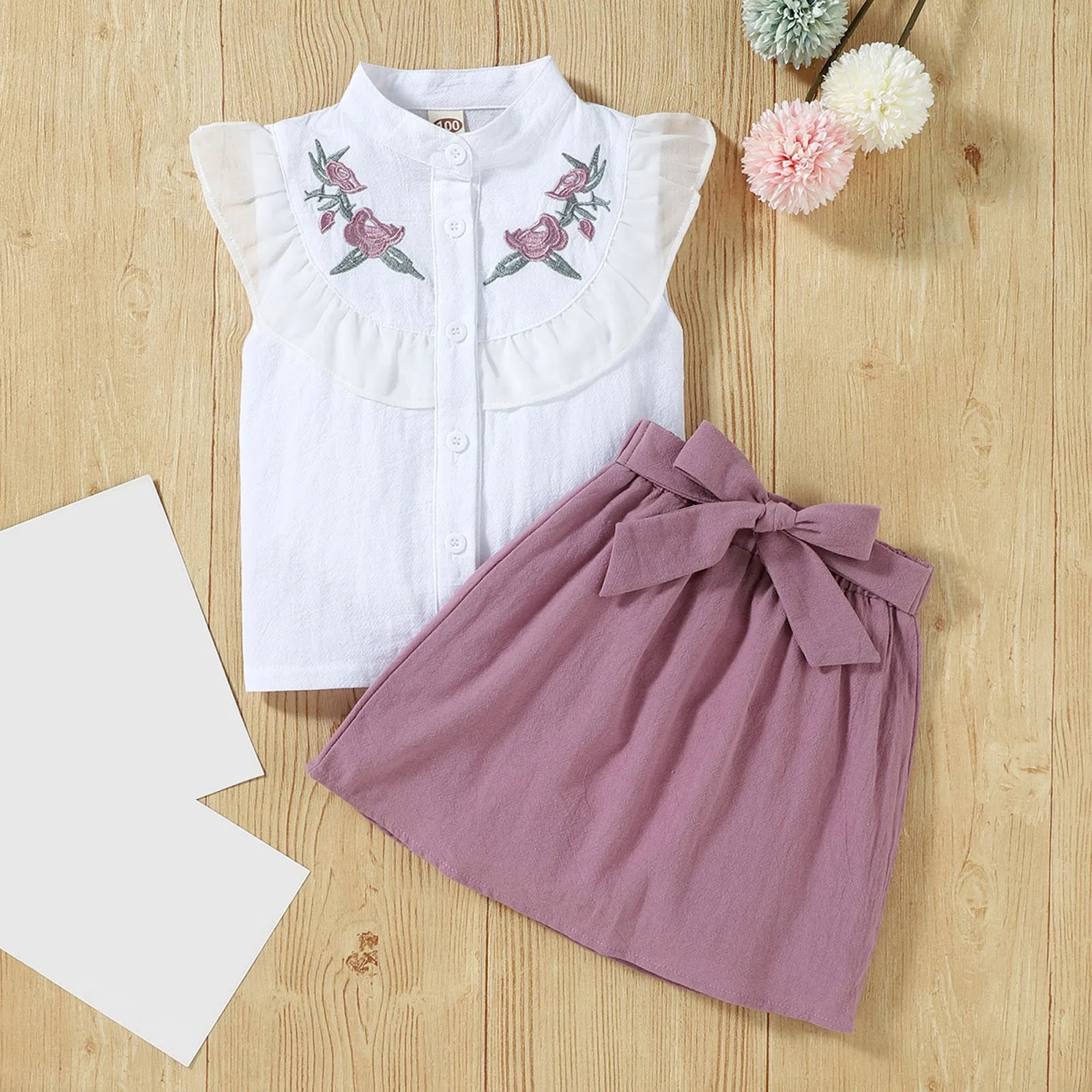 Toddler Girls Clothing Lapel Button Button Embroidered Top+Solid Bow Skirt Sets 2Pcs Summer Clothes Sets Girls 1 2 3 4 5 6 Years