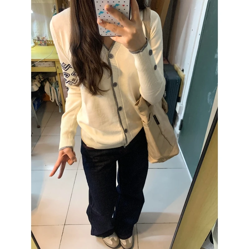 

Женский вязаный кардиган в стиле ретро с v-образным вырезом, японский свободный топ в стиле Харадзюку, жаккардовый топ с длинными рукавами, контрастного цвета, универсальная зимняя одежда