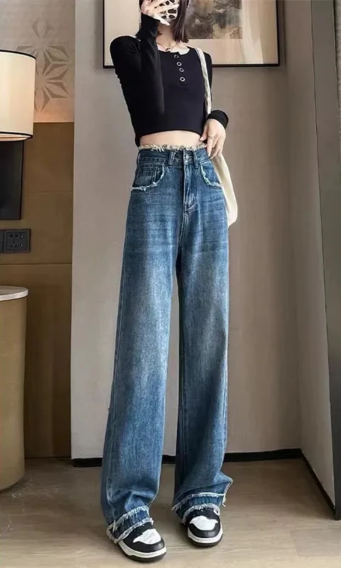 Women Jeans Wide Leg Denim Cotton Casual Loose Stiches Fashion Classic Trendy Luxury Designer Clothes