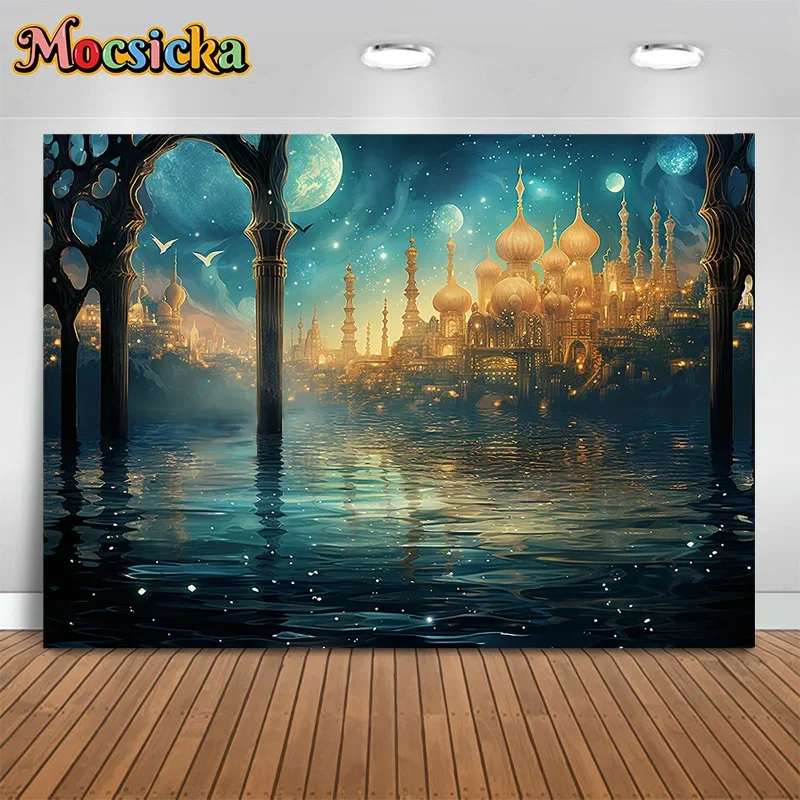 Mocsicka Eid Party Photography Background Moon Castle Decor Backdrop Family Dinner Muslim Mural Studio Photo Banner Props