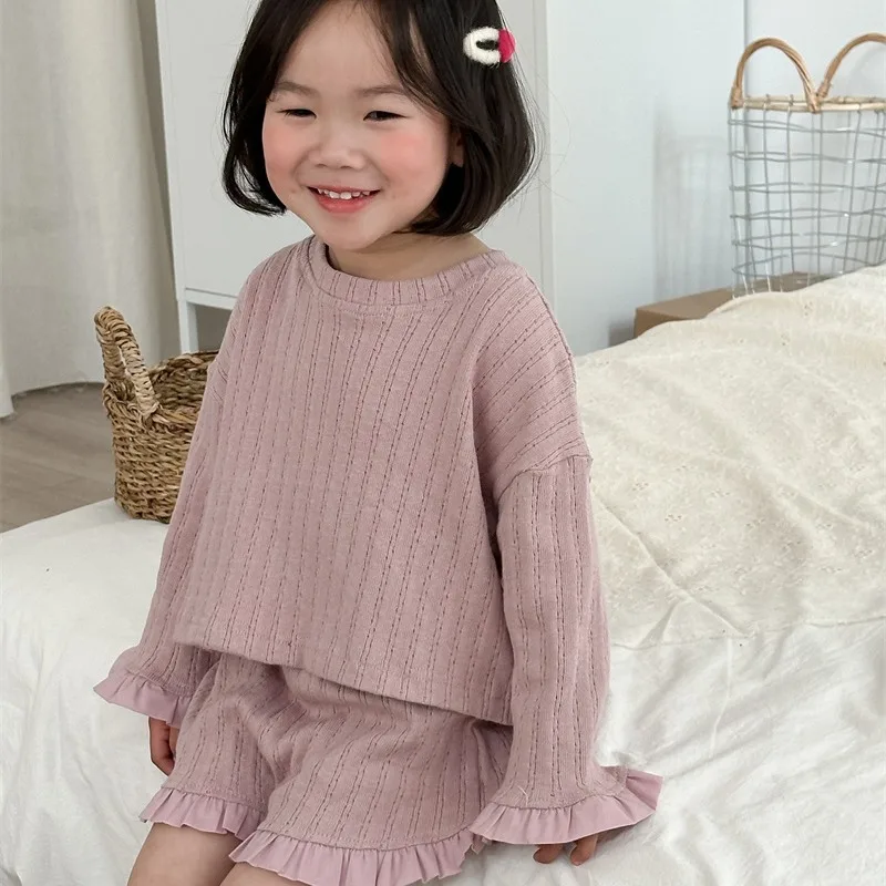 

2025 Spring New Girl Korean Version Jacquard Lace Set Children's Solid Color Foreign Style Short Top Shorts