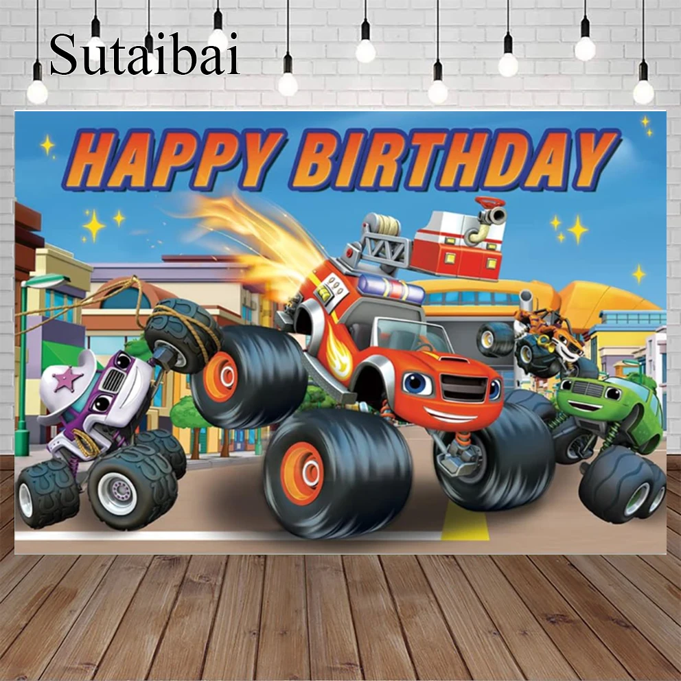 Cartoon Truck Birthday Party Decorations Hot Car Backdrop Race Car Background for Photography Kids Racing Car Birthday Party