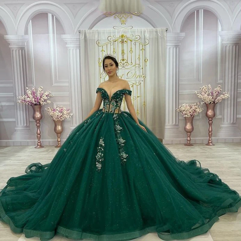 Angelsbridep Luxe Groene Quinceanera Jurken Glinsterende Vestidos De 15 Años Bloemenkralen Kant Formele Feest Prom Baljurk