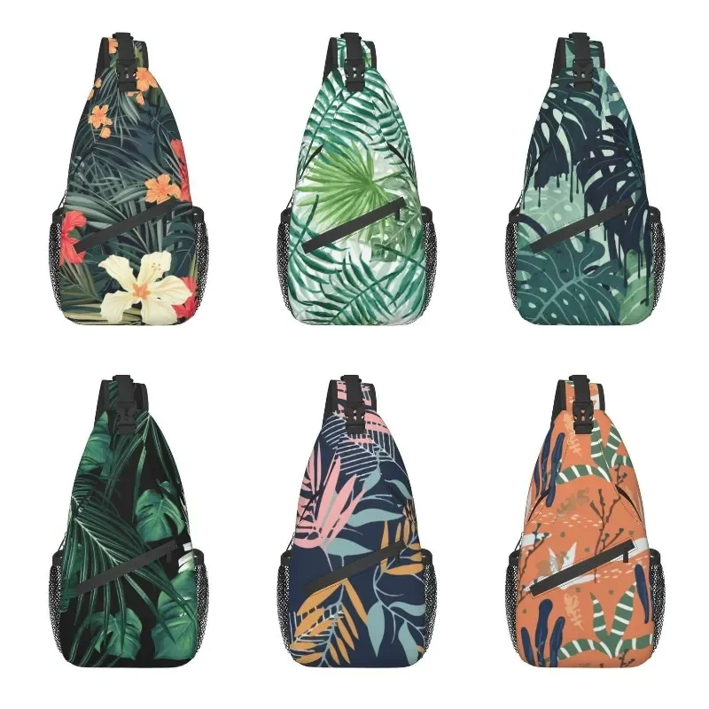 Jungle Flowers Pattern Sling Bag Men Summer Tropical Plants Leaves Shoulder Chest Crossbody Backpack Cycling Camping Daypack