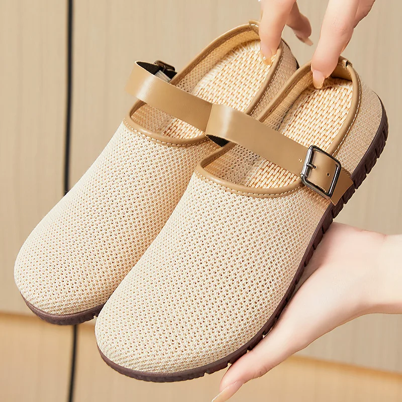 

Women's Flat Slippers Casual Knit Mesh Half Slippers Retro Soft Sole Closed Toe Non-slip Fashion Sandals with Adjustable Buckle
