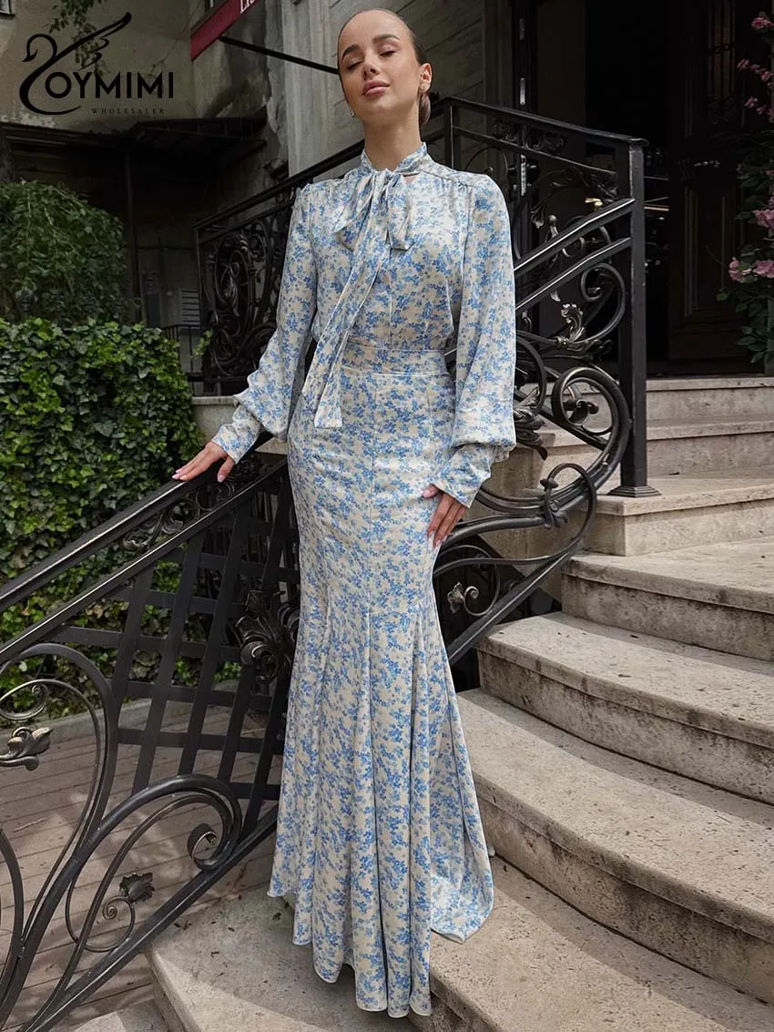 Фото Oymimi модный комплект из 2 предметов с синим принтом, женский наряд, элегантные блузки с длинными рукавами на шнуровке и юбки-русалки с высокой талией, комплекты