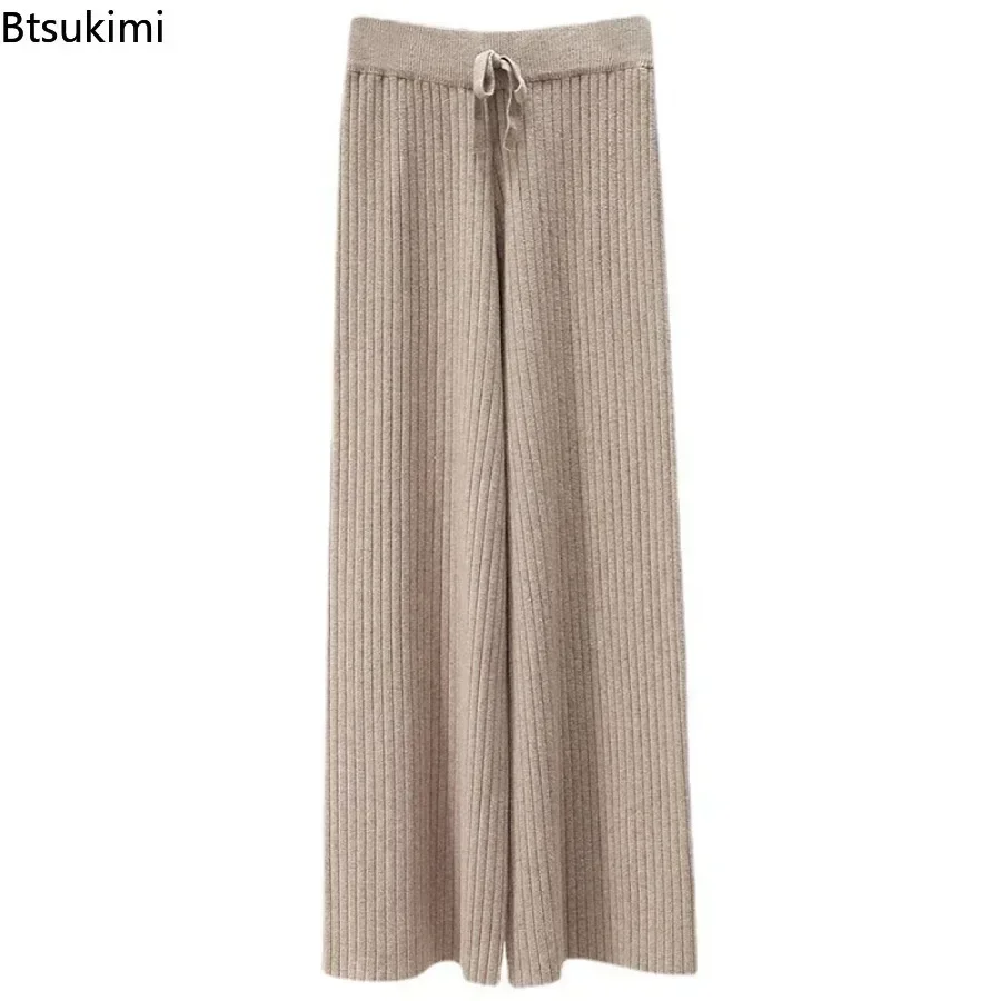 2024 Drape High Waist Wide Leg Pants for Women Autumn Winter Casual Loose Knit Straight Leg Pants Lace-up Women Solid Trousers