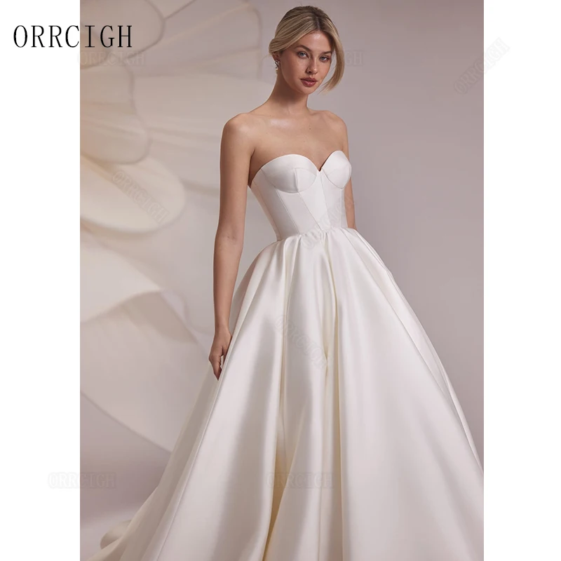 Civil Strapless Satin Wedding Dresses for Bride A Line Sweep Train Lace Up Sleeveless Bridal Gown Plus Size Customizable