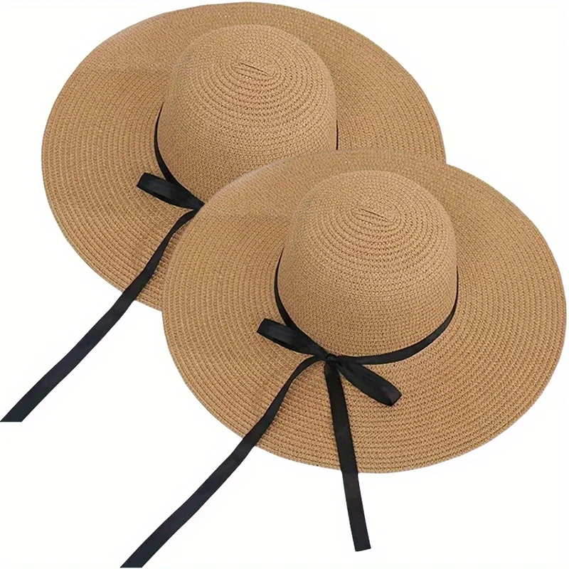 

2PC Women's Thin Bow Sun Hat,solid Color Wide-brimmed Straw Hat,spring and Summer Sun Protection Breathable Travel Beach Hat