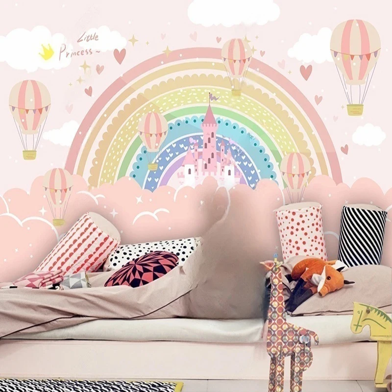 

Custom Wall Mural for Children's Room - Cartoon Rainbow Castle & Hot Air Balloon Themed Wallpaper for Playful Bedroom Decor