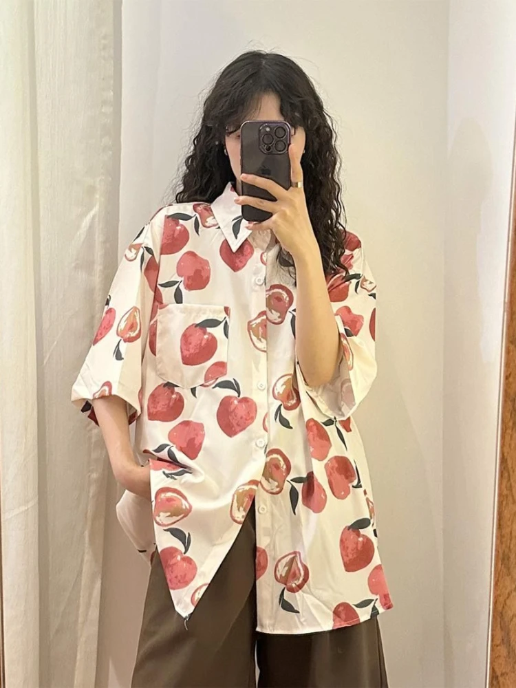 

ADAgirl Japan Style Honey Peach Print Beach Wear Cardigan Cover Ups Blouse Femme Summer Oversize T-shirt Casual Tops Clothes