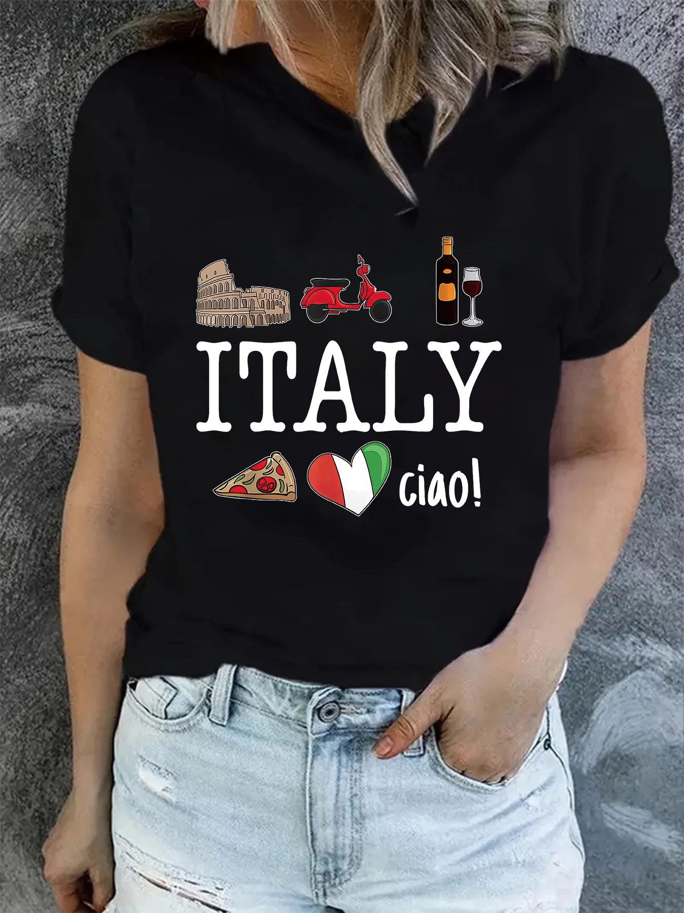 Cathedral Cheese Red Wine Ciao Italian Print Creative Design Women\'s T-shirt Top Summer Round Neck Short Sleeve Fashion Graphic