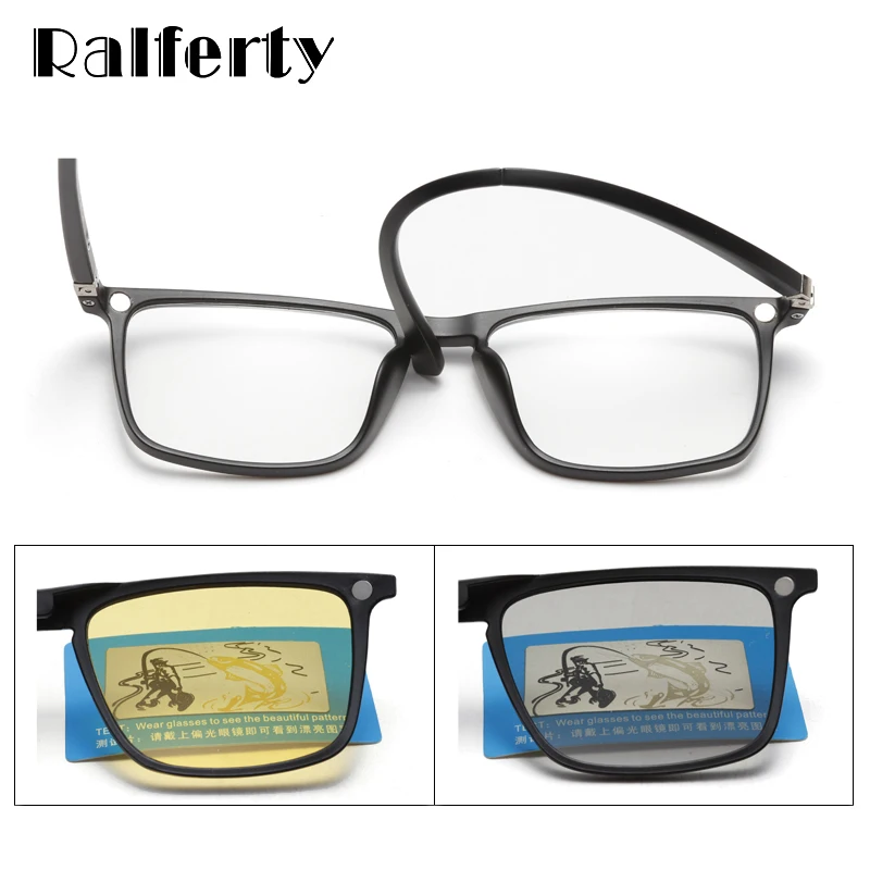 Ralferty 6 In 1 Magnet Sunglasses Men Polarized Clip On Glasses Women Square Prescription Optic Frames 3D Yellow Oculos A2249