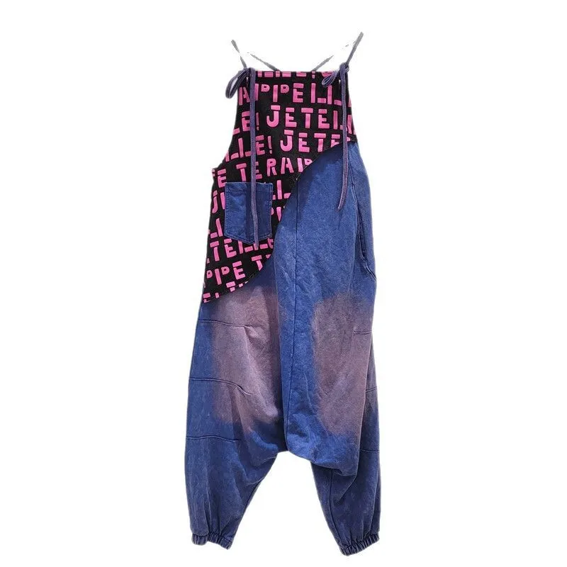 WTHT Trendy Women's Letter Print Spliced Irregular Denim Jumpsuits Vintage 2025 Summer Wash Loose Wide Leg Pants Female 1LS1559