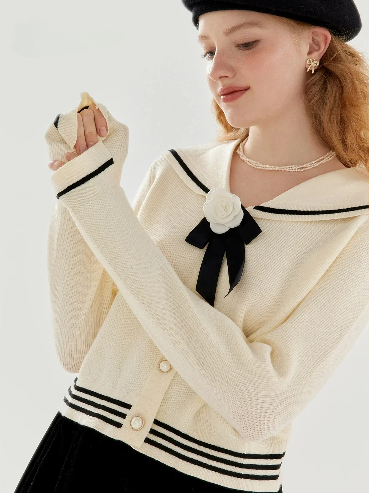 Apricot Knit Sweater Women Navy Collar Bow Long-sleeved Tops Autumn Winter New French Single-breasted Sweater Y2k Clothes