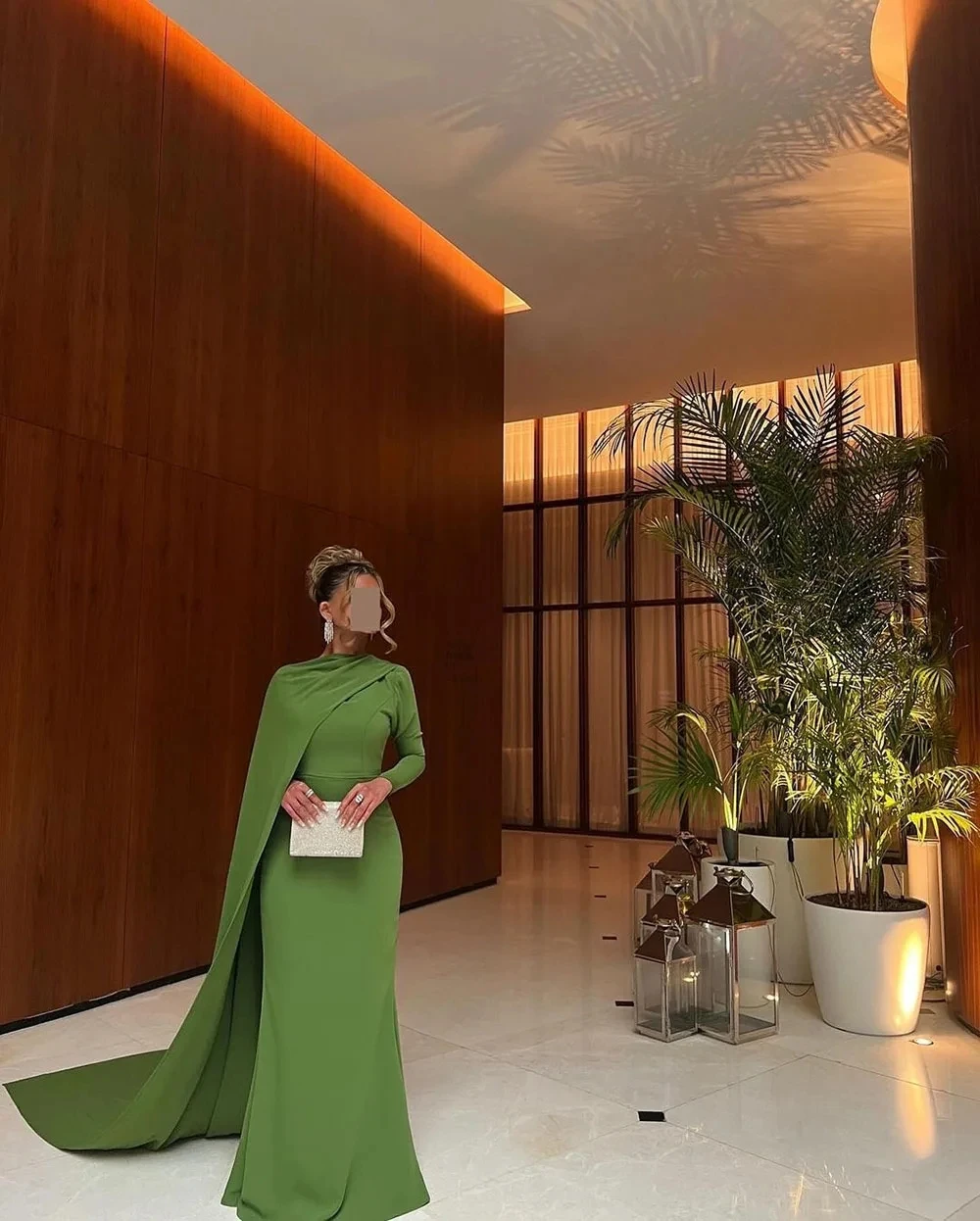 Abito da sera formale moderno a sirena verde con scollo a O a maniche lunghe in raso arabo con spettacolo di ballo di fine anno Abiti da festa di Natale Robe De Soiree