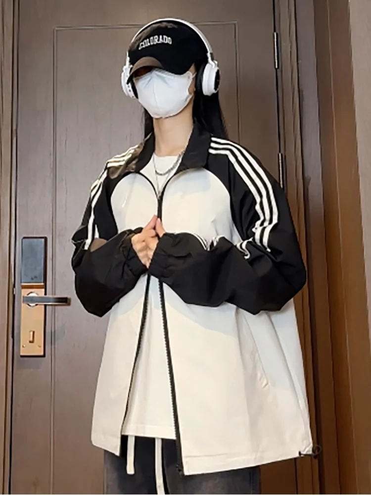 

Trendy Youth Spring Autumn Stripe Woven Band Jaet Men's High Street oulder Insertion Long Sve Stand Collar Zipper Coat