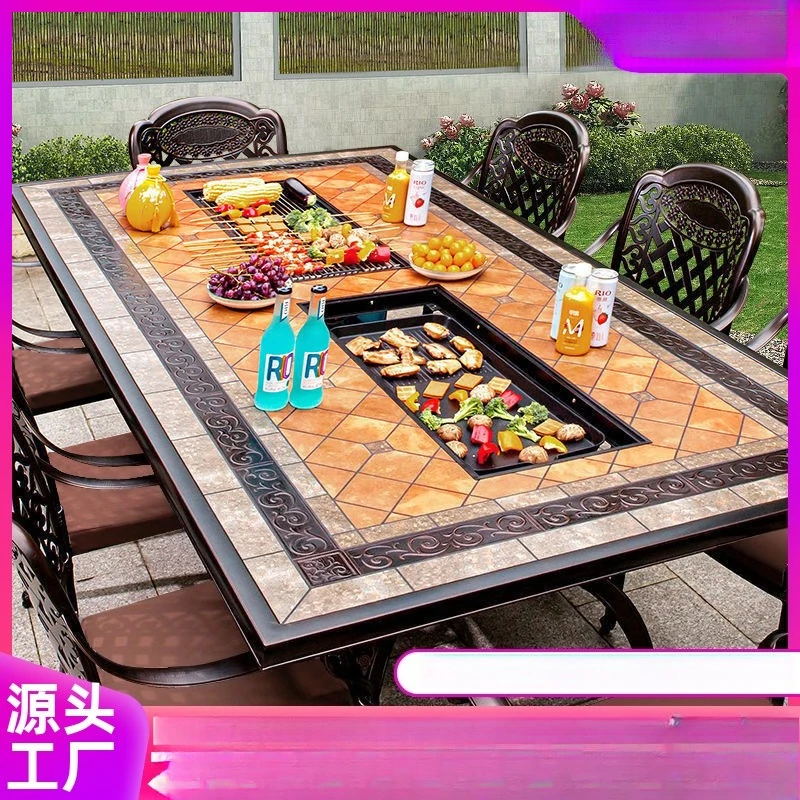 Outdoor cast aluminum barbecue dining table courtyard balcony leisure electric charcoal grilling integrated table and chair