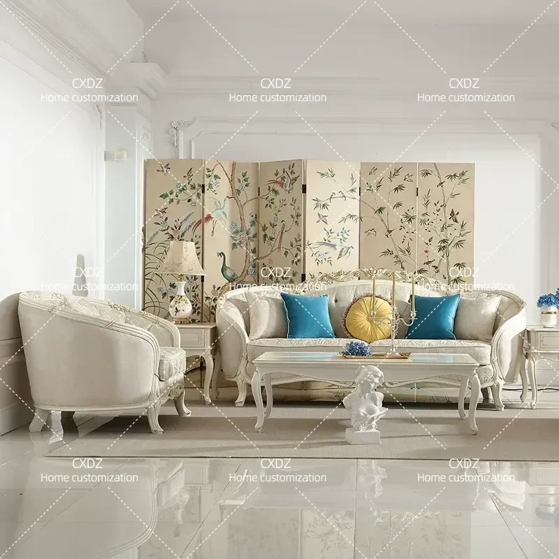 2.4M Jacquard Fabric Sofa Set Solid Wood Carved Floral Design European Style Living Room Furniture Combination P6