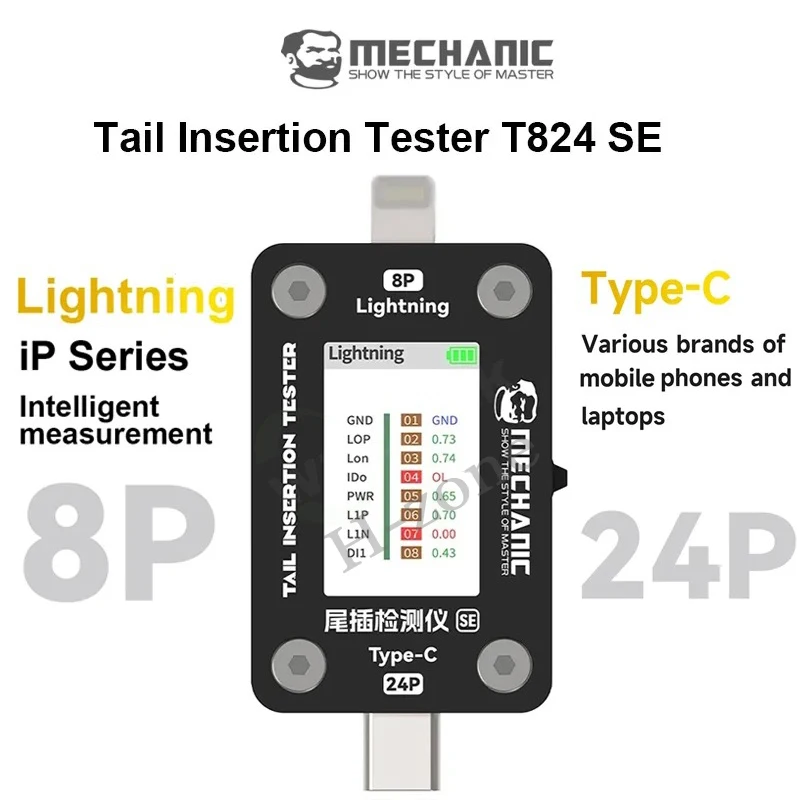 

Mechanic T824 SE Mobile Phone Tail Plug Testing Non Dismantling High-Precision for Lightning/Type-C Fault Detection Instrument